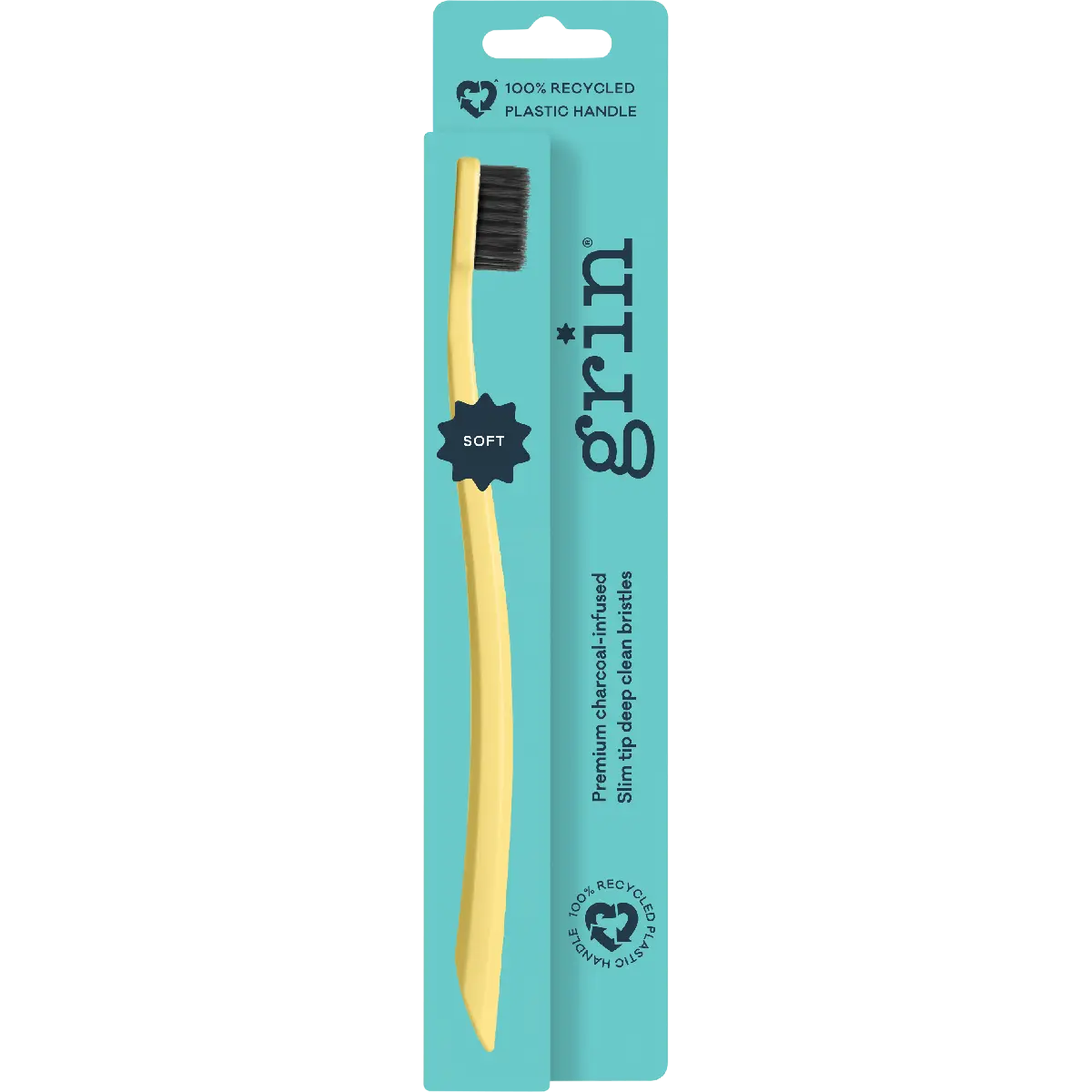 Grin Recycled Toothbrush Soft (1 Toothbrush, Random Colour) — side pack image (UHP)