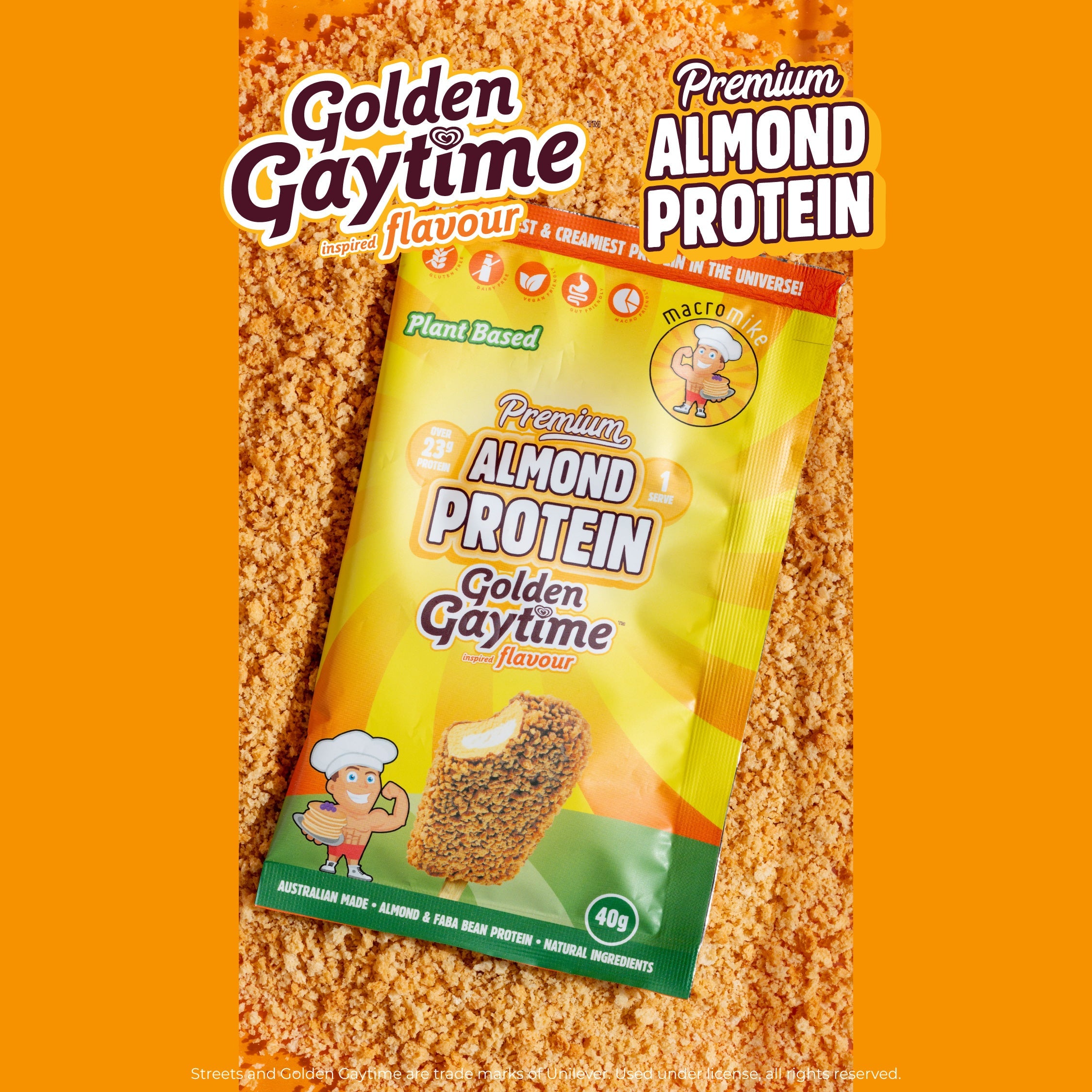 Macro Mike x Golden Gaytime Almond Protein 400g — official lifestyle image