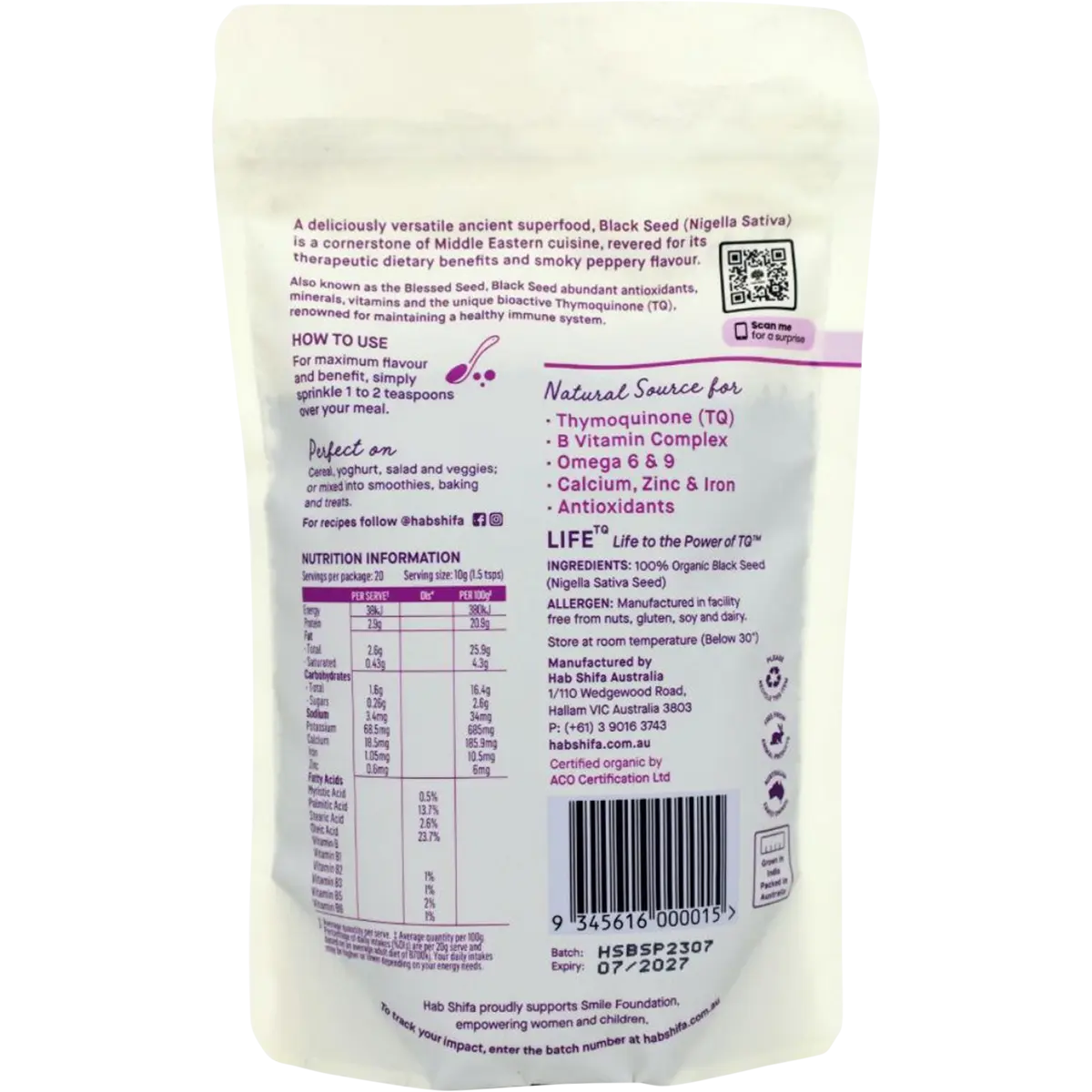 Hab Shifa Black Seed (Nigella Sativa) 200g — back pack image (UHP)