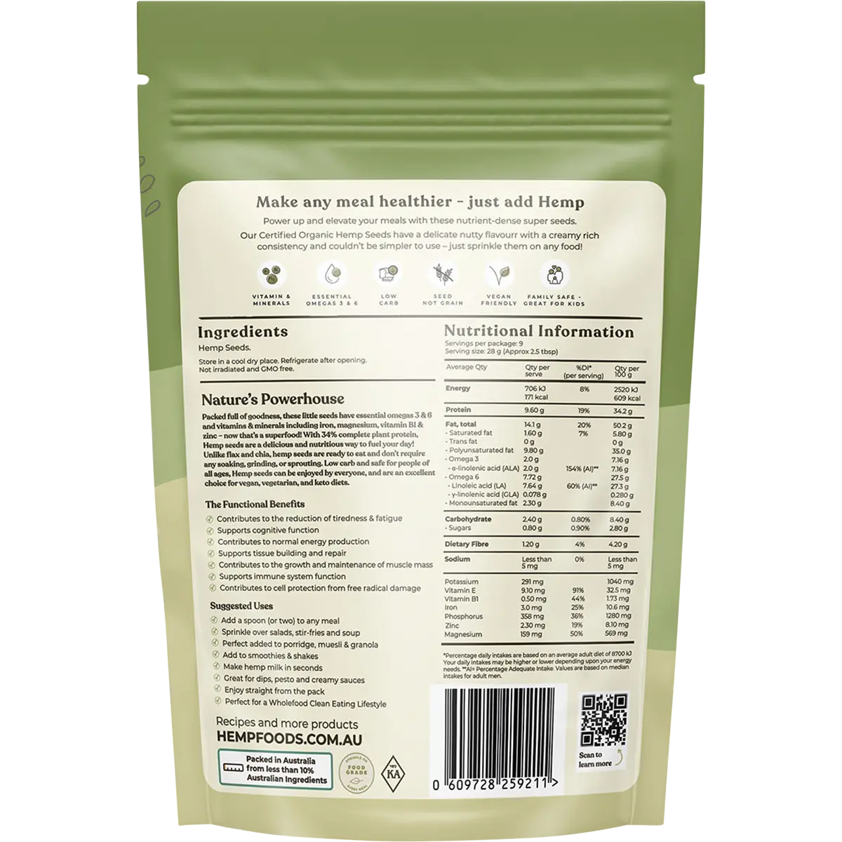 Hemp Foods Australia Organic Hemp Seeds Hulled — back pack image (UHP)