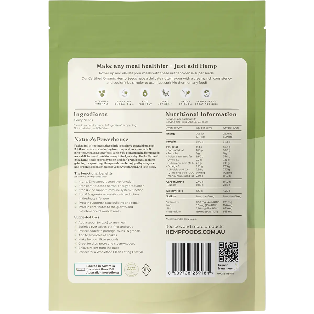 Hemp Foods Australia Organic Hemp Seeds Hulled — back pack image (UHP)