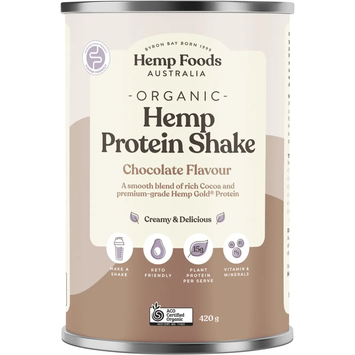 Hemp Foods Australia Organic Hemp Protein Shake Chocolate 420g — front pack image (UHP)