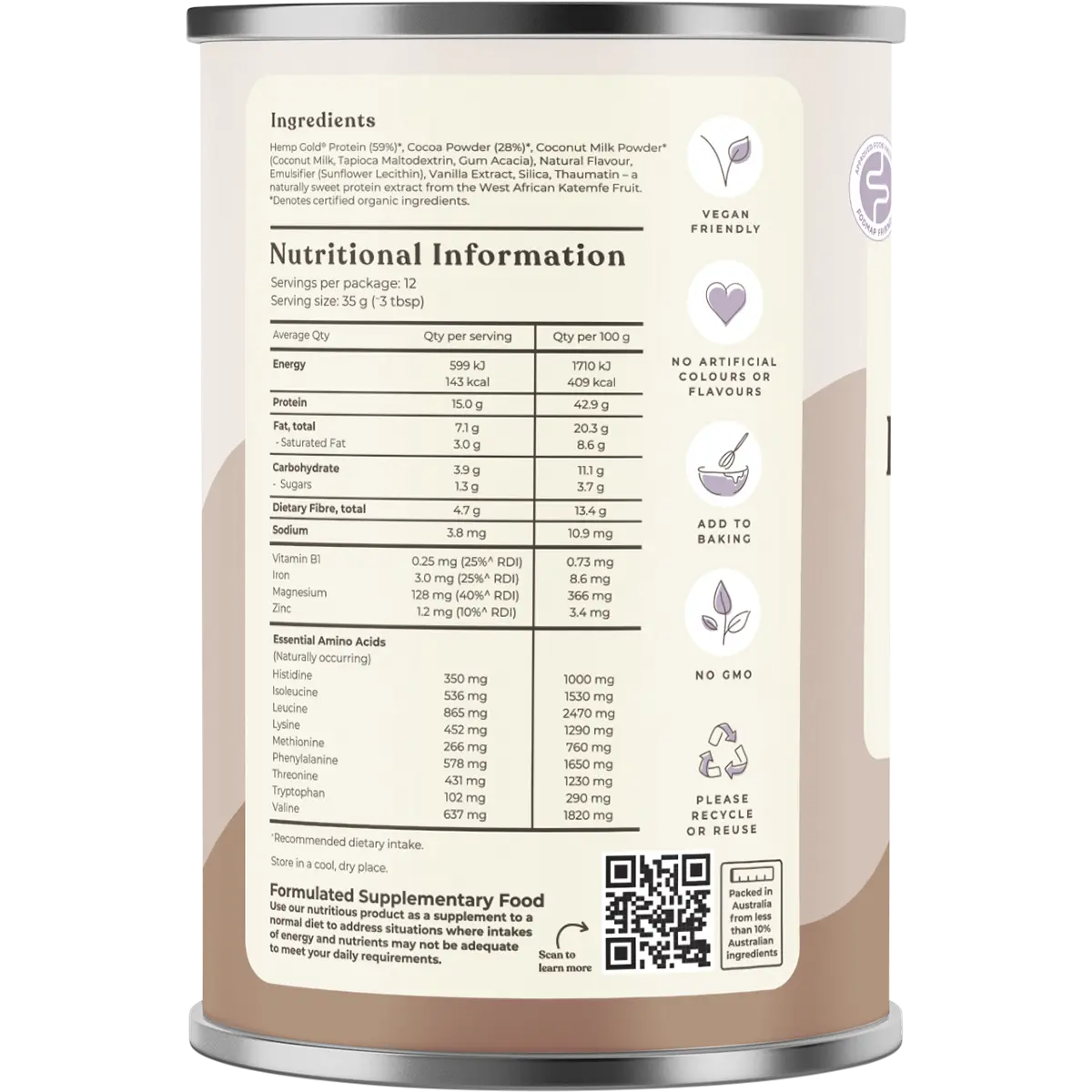 Hemp Foods Australia Organic Hemp Protein Shake Chocolate 420g — side pack image (UHP)