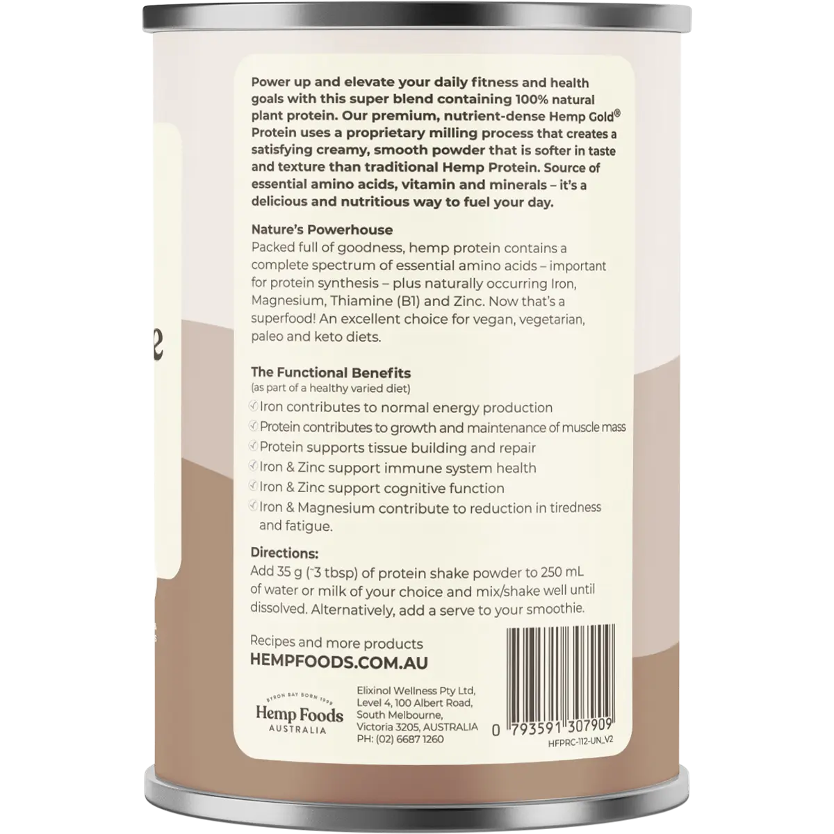 Hemp Foods Australia Organic Hemp Protein Shake Chocolate 420g — side pack image (UHP)