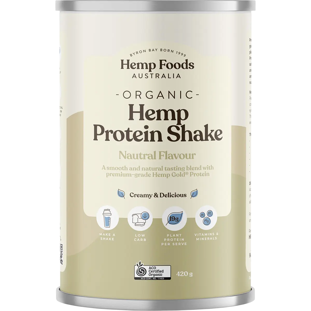 Hemp Foods Australia Organic Hemp Protein Shake Natural 420g — front pack image (UHP)
