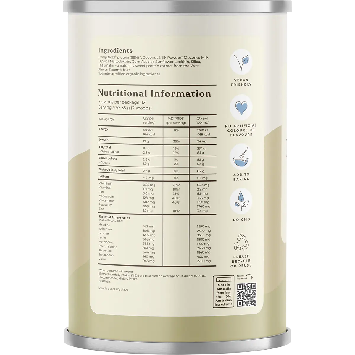 Hemp Foods Australia Organic Hemp Protein Shake Natural 420g — side pack image (UHP)