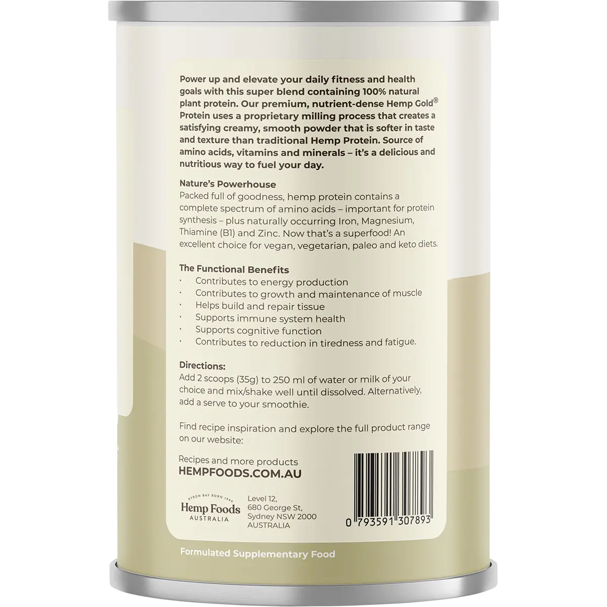 Hemp Foods Australia Organic Hemp Protein Shake Natural 420g — side pack image (UHP)