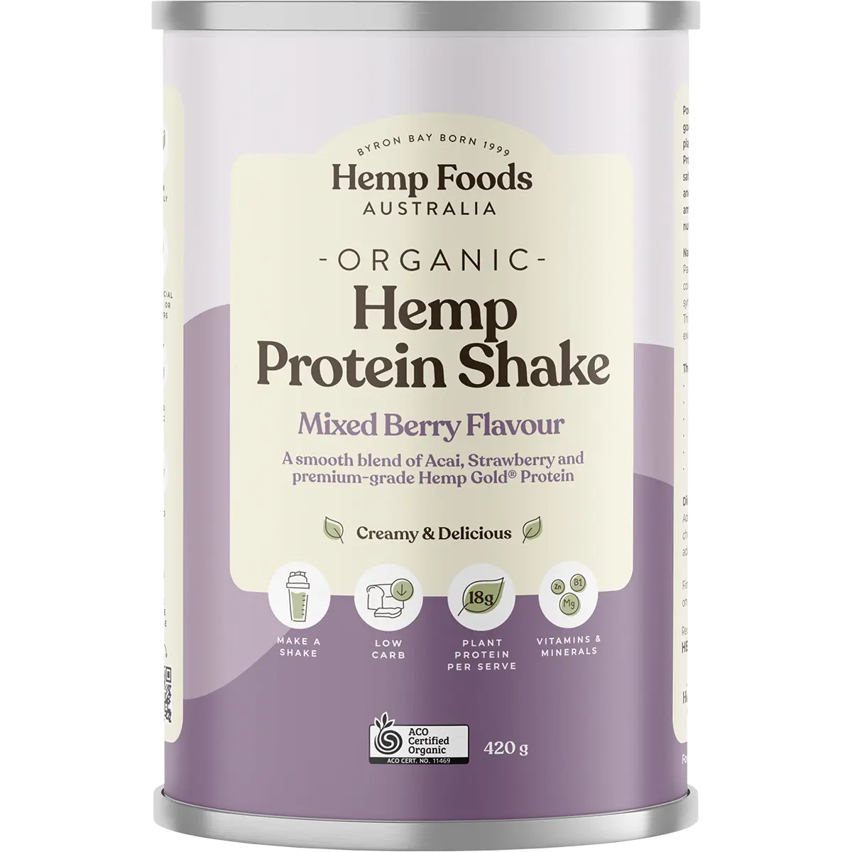 Hemp Foods Australia Organic Hemp Protein Shake Mixed Berry 420g — front pack image (UHP)