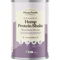 Hemp Foods Australia Organic Hemp Protein Shake Mixed Berry 420g — front pack image (UHP)