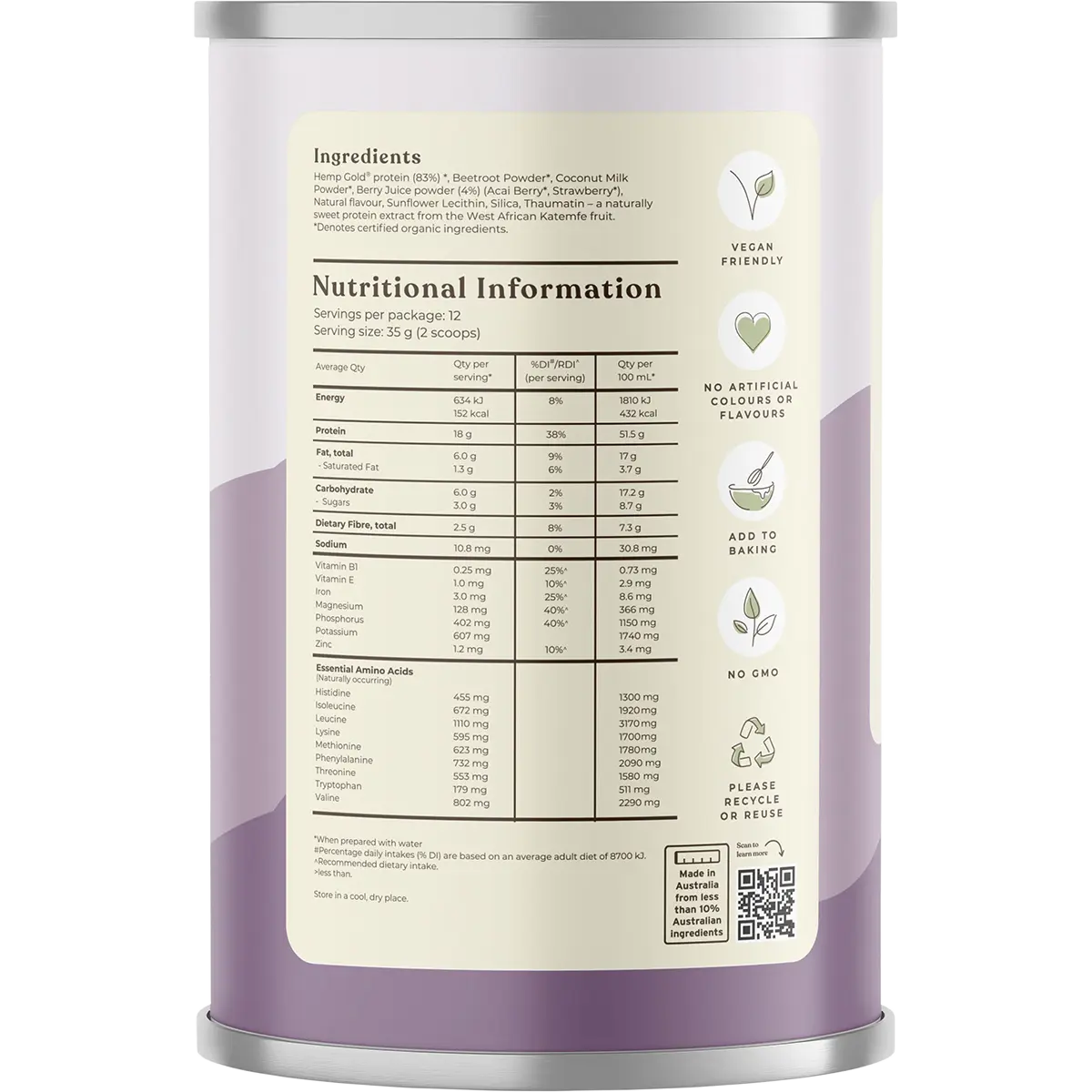 Hemp Foods Australia Organic Hemp Protein Shake Mixed Berry 420g — side pack image (UHP)