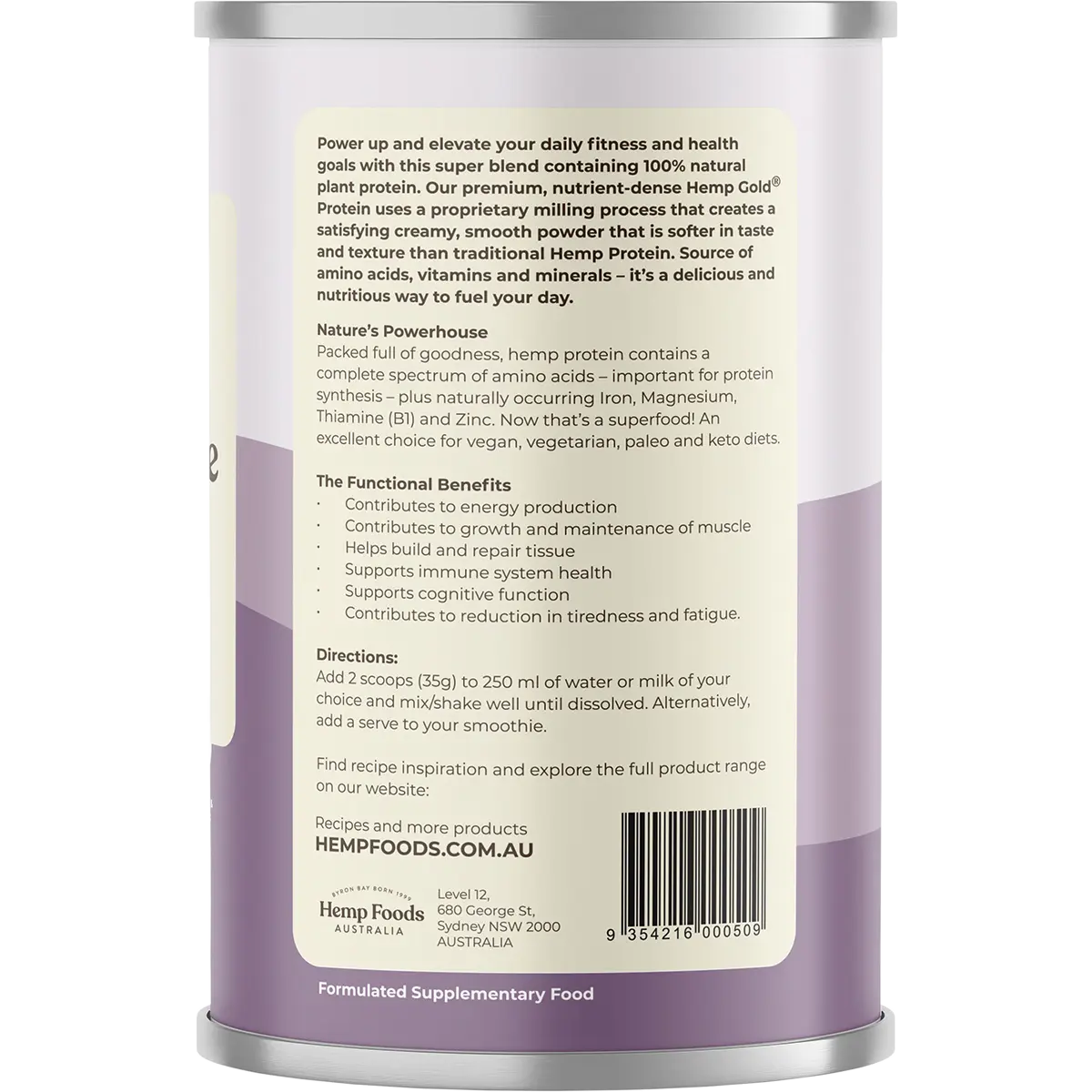 Hemp Foods Australia Organic Hemp Protein Shake Mixed Berry 420g — side pack image (UHP)