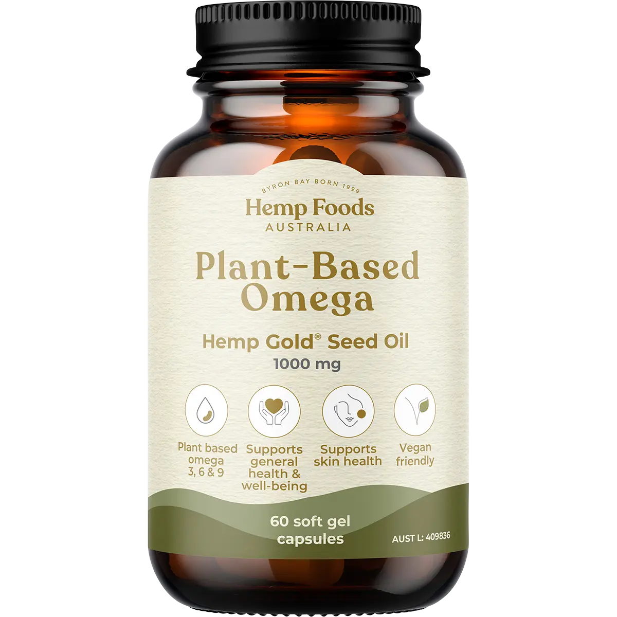 Hemp Foods Australia Plant-Based Omega Hemp Gold Seed Oil Capsules 1000mg 60c — front pack image (UHP)