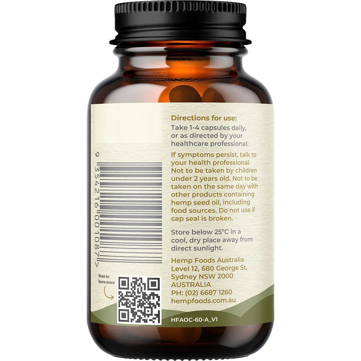 Hemp Foods Australia Plant-Based Omega Hemp Gold Seed Oil Capsules 1000mg 60c — side pack image (UHP)