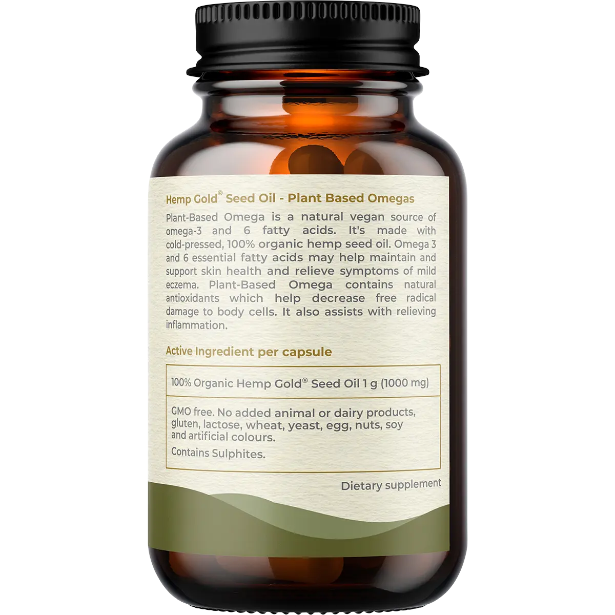 Hemp Foods Australia Plant-Based Omega Hemp Gold Seed Oil Capsules 1000mg 60c — side pack image (UHP)