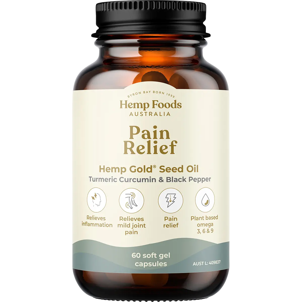 Hemp Foods Australia Pain Relief with Hemp Gold Seed Oil 60 Caps — front pack image (UHP)