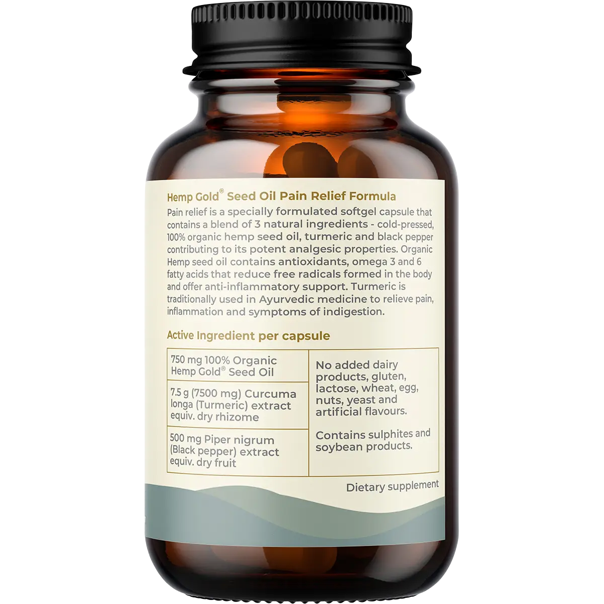 Hemp Foods Australia Pain Relief with Hemp Gold Seed Oil 60 Caps — side pack image (UHP)