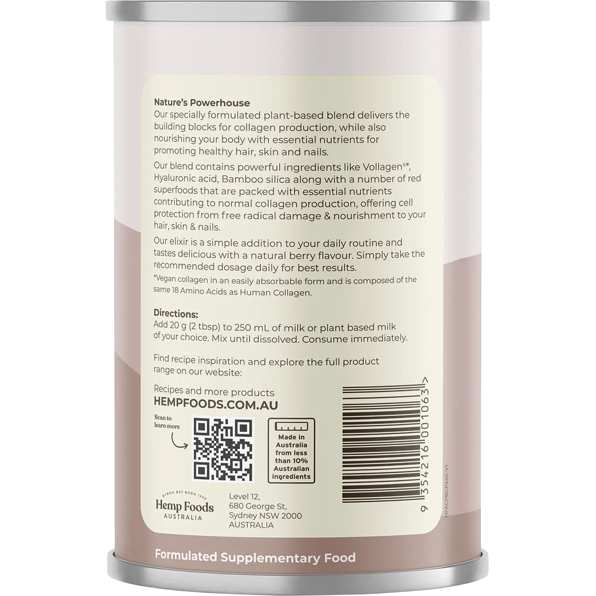 Hemp Foods Australia Plant Based Collagen+ Berry 240g — side pack image (UHP)