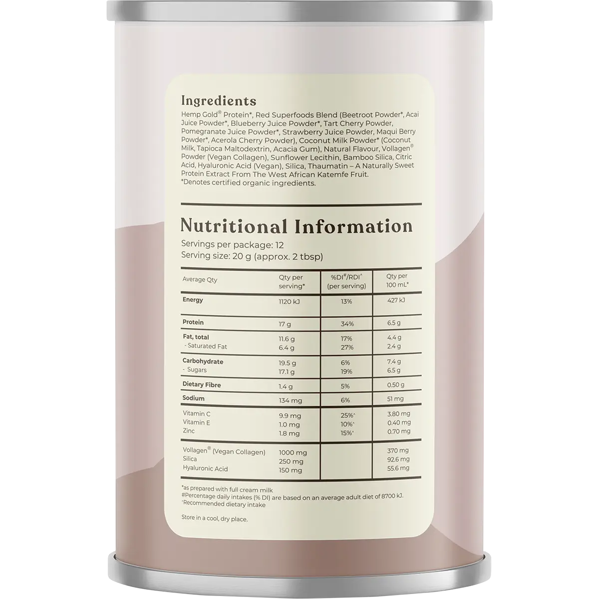 Hemp Foods Australia Plant Based Collagen+ Berry 240g — side pack image (UHP)