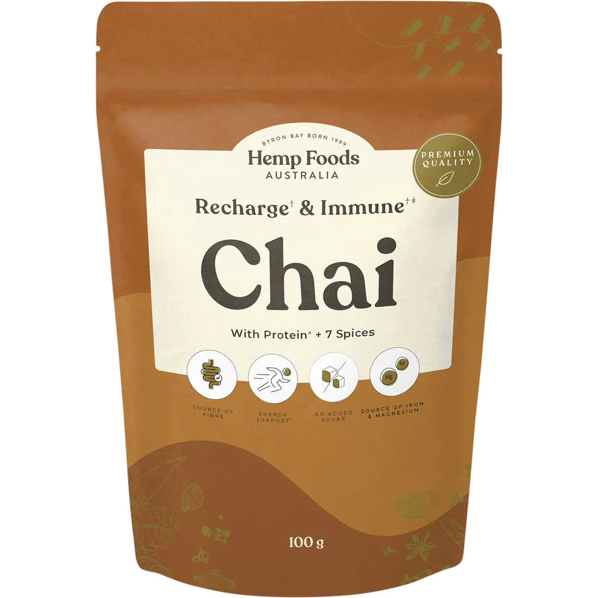 Hemp Foods Australia Recharge & Immune Chai — front pack image (UHP)