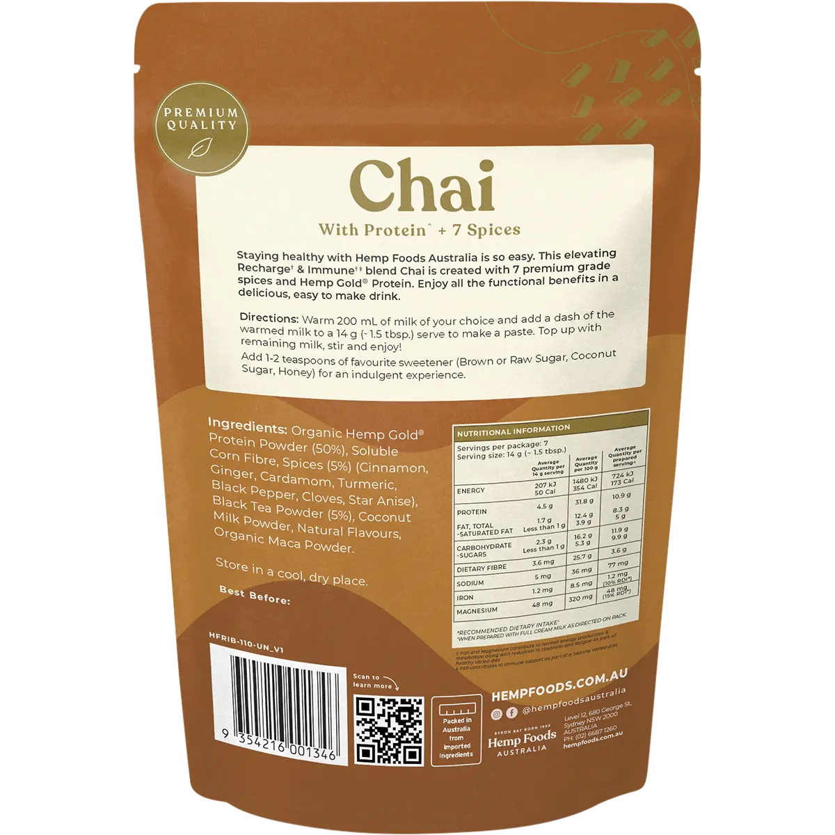 Hemp Foods Australia Recharge & Immune Chai — back pack image (UHP)