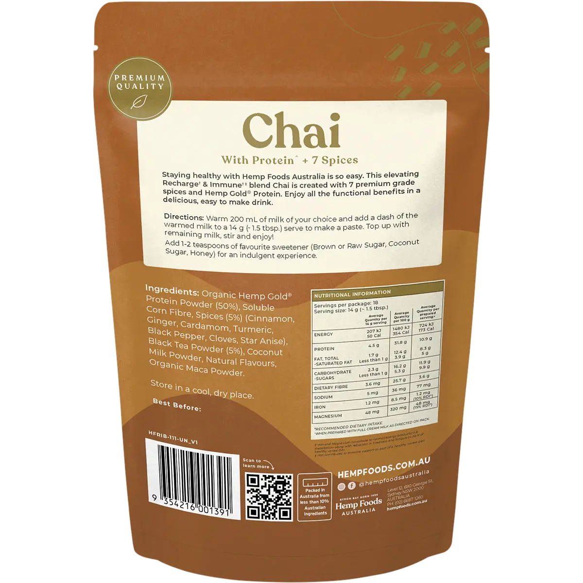Hemp Foods Australia Recharge & Immune Chai — back pack image (UHP)