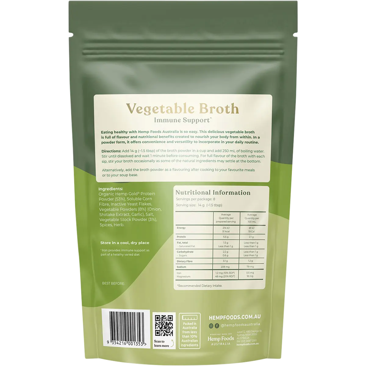 Hemp Foods Australia Vegetable Broth Immunity Support — back pack image (UHP)