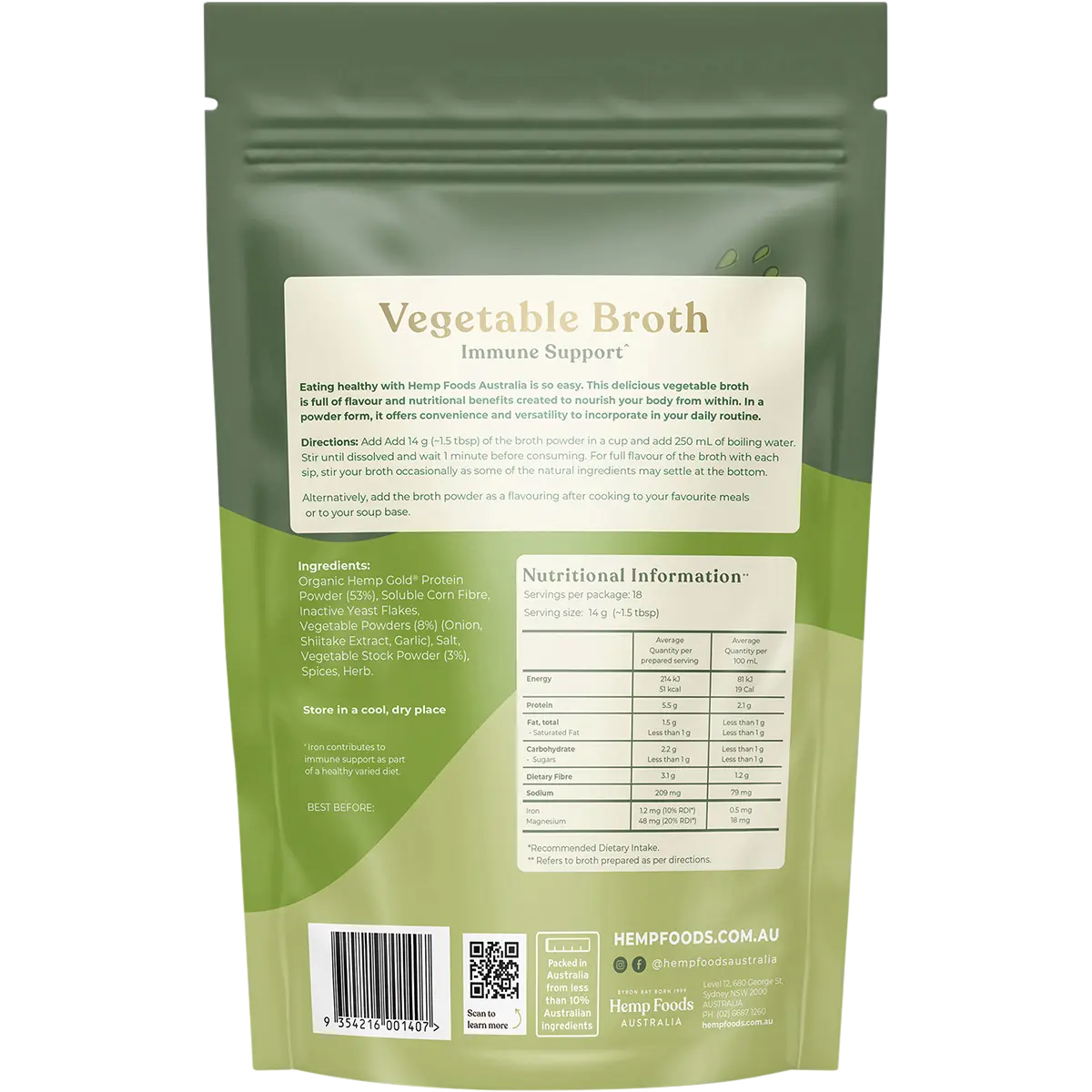 Hemp Foods Australia Vegetable Broth Immunity Support — back pack image (UHP)