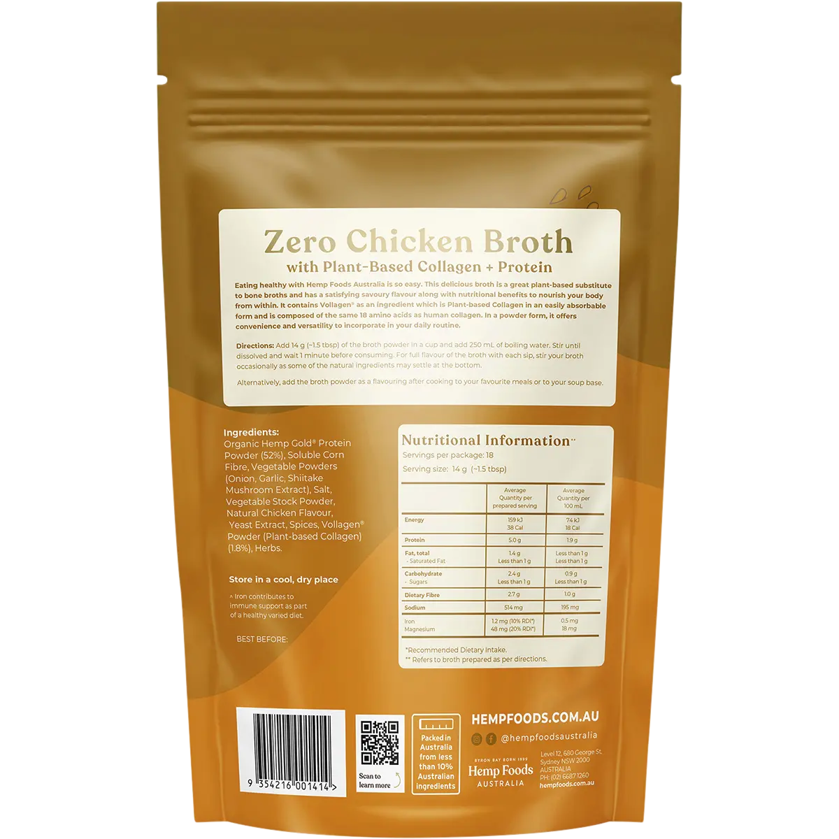 Hemp Foods Australia Zero Chicken Broth Immunity Support — back pack image (UHP)
