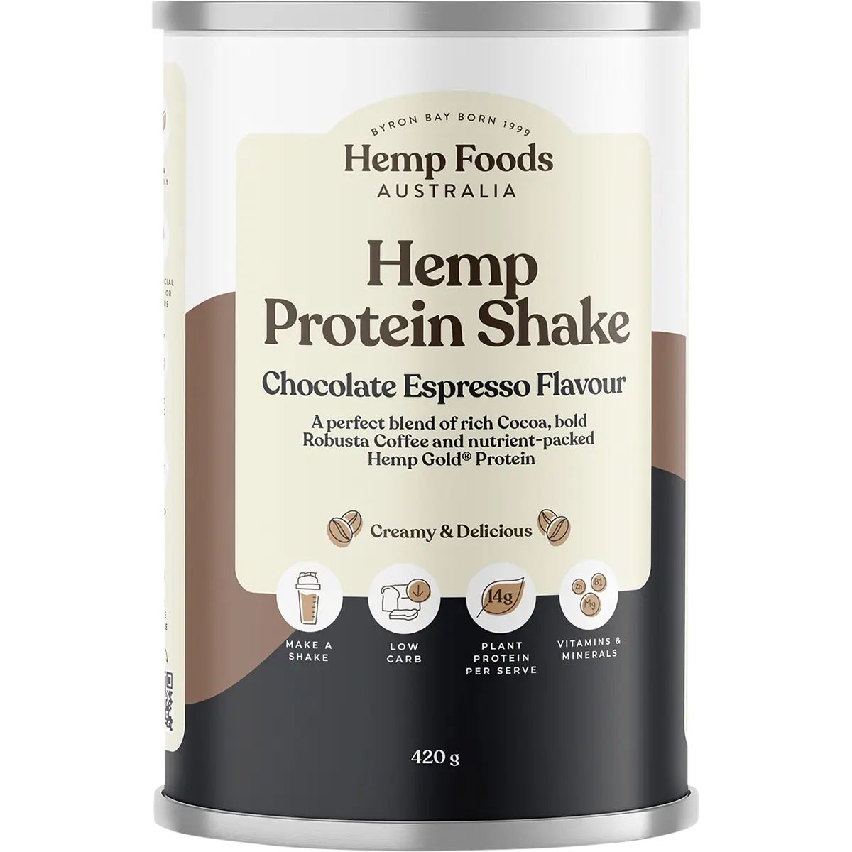 Hemp Foods Australia Organic Hemp Protein Shake Chocolate Espresso 420g — front pack image (UHP)