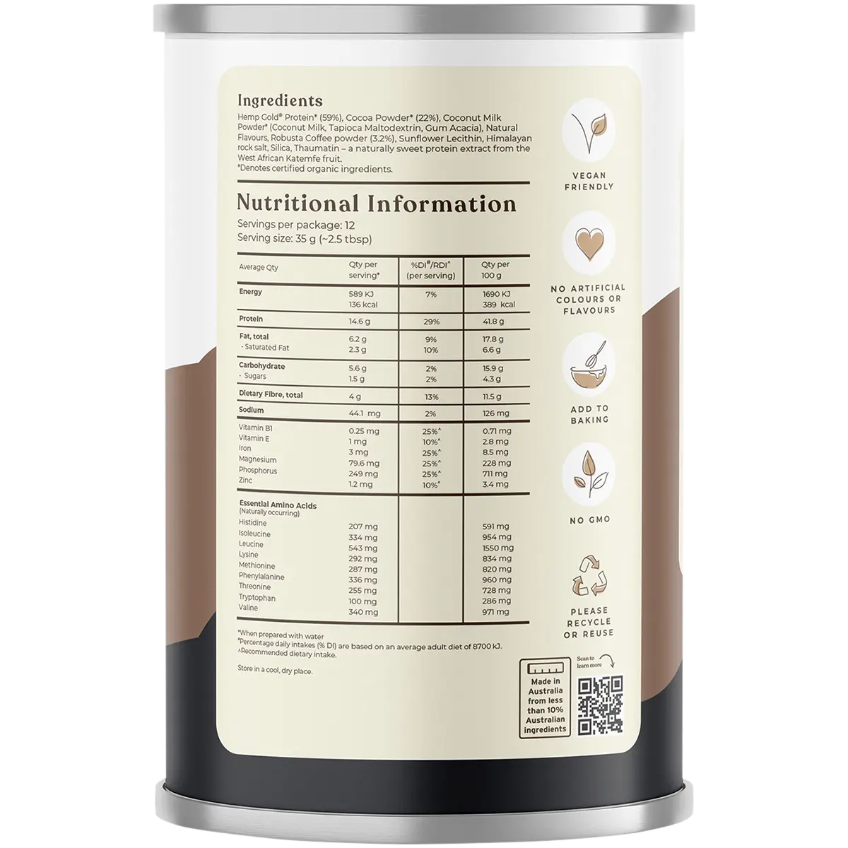 Hemp Foods Australia Organic Hemp Protein Shake Chocolate Espresso 420g — side pack image (UHP)