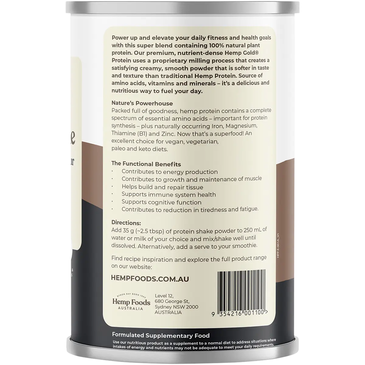 Hemp Foods Australia Organic Hemp Protein Shake Chocolate Espresso 420g — side pack image (UHP)