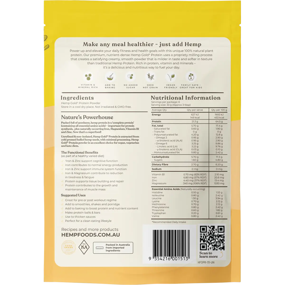 Hemp Foods Australia Organic Hemp Gold Protein — back pack image (UHP)
