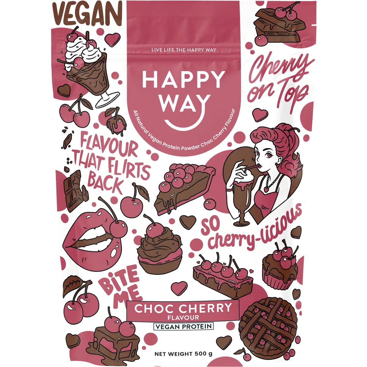 Happy Way Vegan Protein Powder Choc Cherry 500g — front pack image (UHP)
