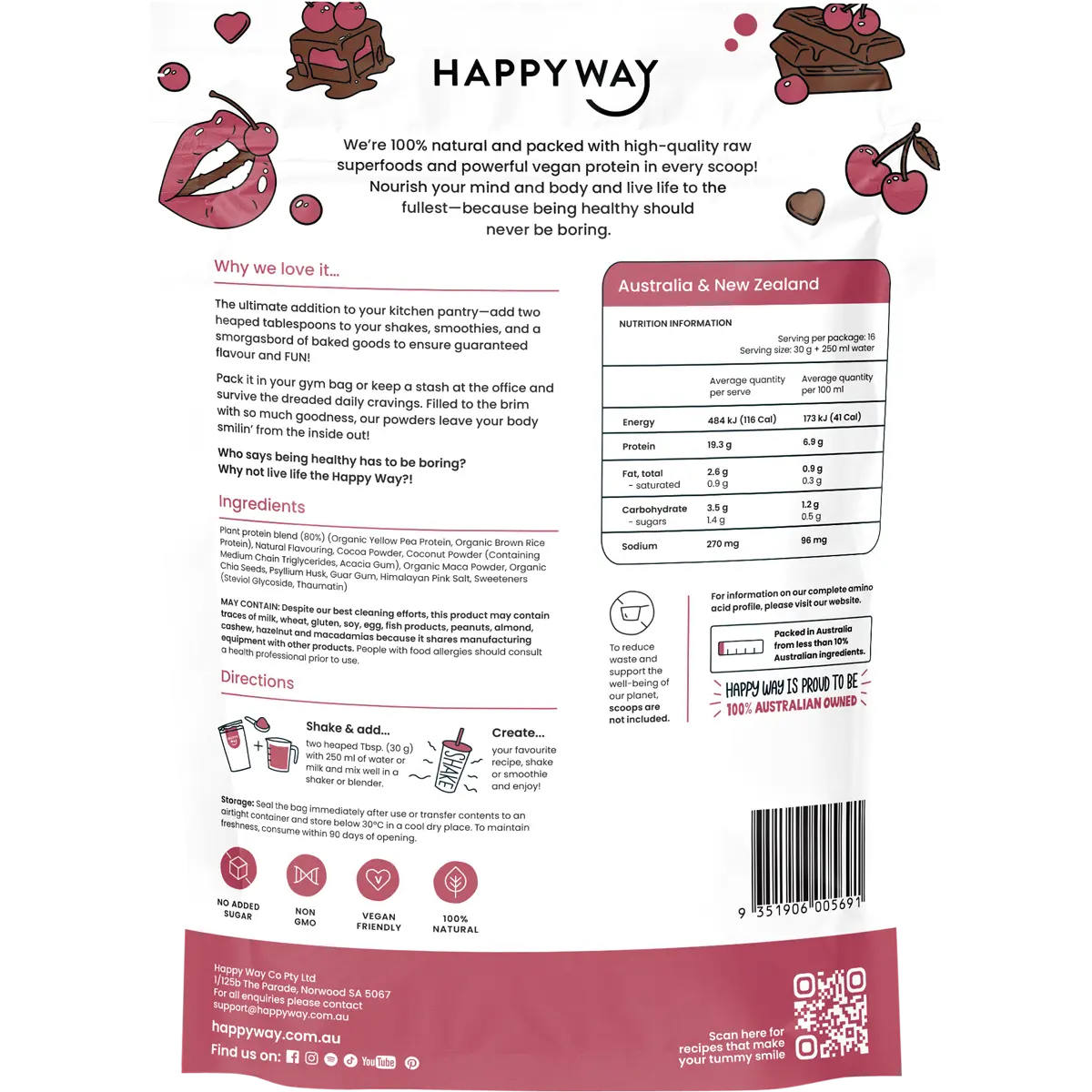 Happy Way Vegan Protein Powder Choc Cherry 500g — back pack image (UHP)