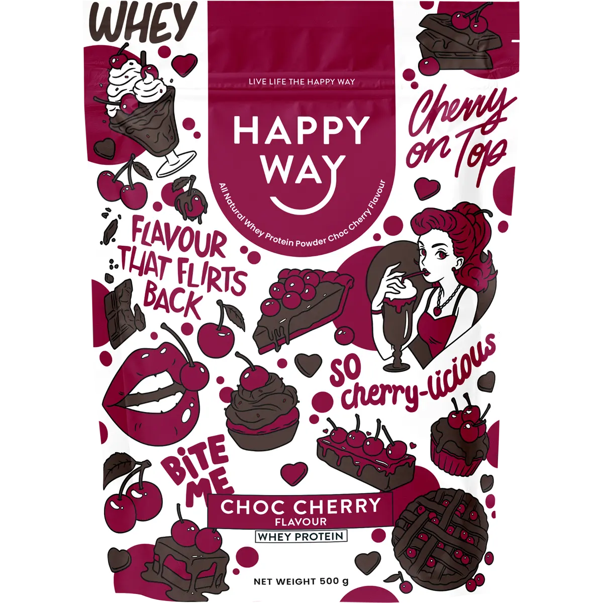 Happy Way Whey Protein Powder Choc Cherry 500g — front pack image (UHP)