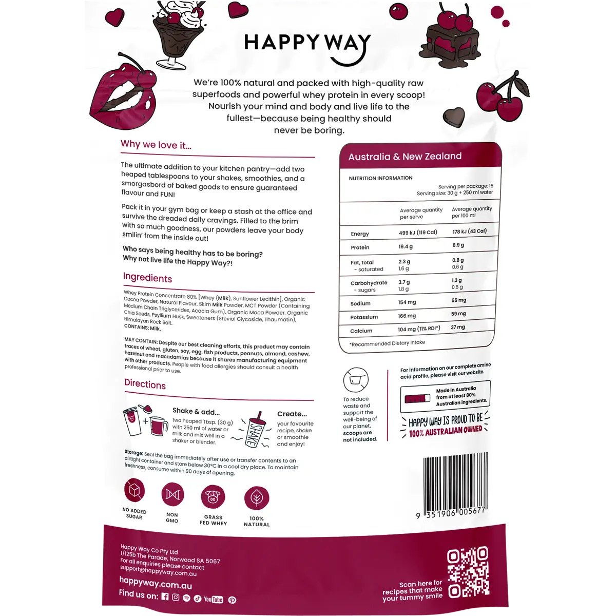 Happy Way Whey Protein Powder Choc Cherry 500g — back pack image (UHP)