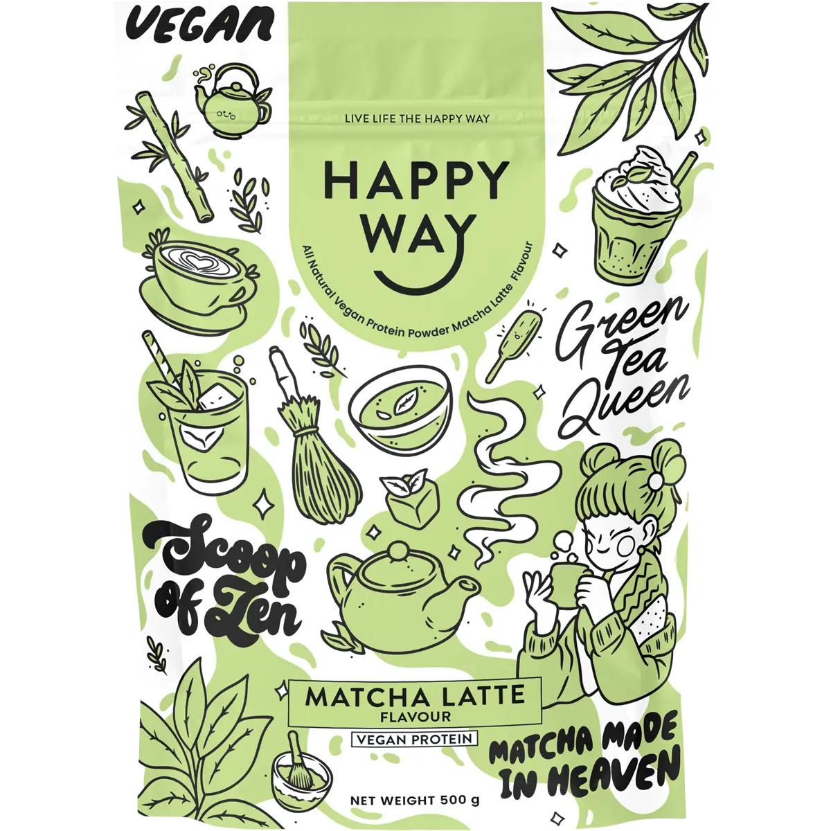 Happy Way Vegan Protein Powder Matcha Latte 500g — front pack image (UHP)