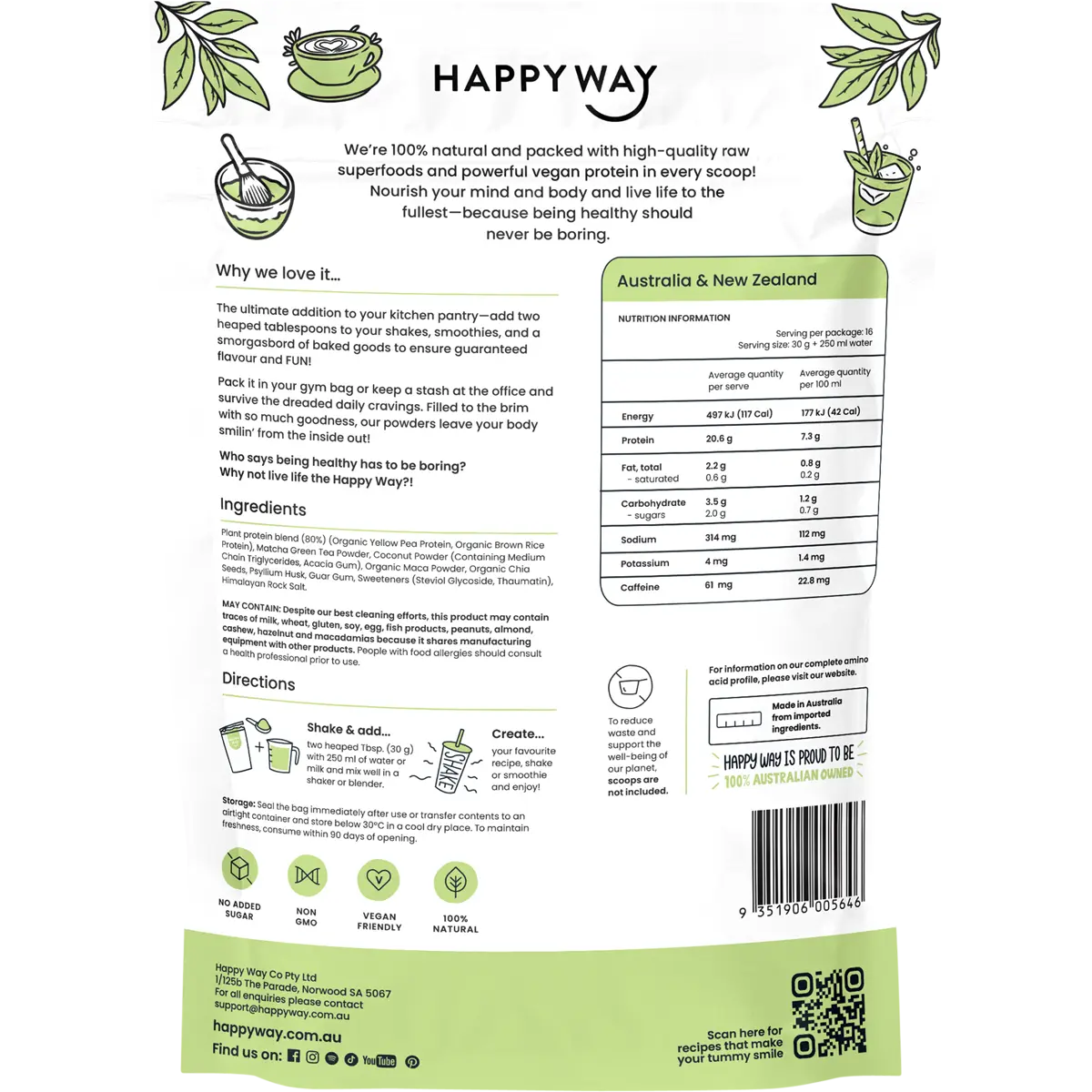 Happy Way Vegan Protein Powder Matcha Latte 500g — back pack image (UHP)