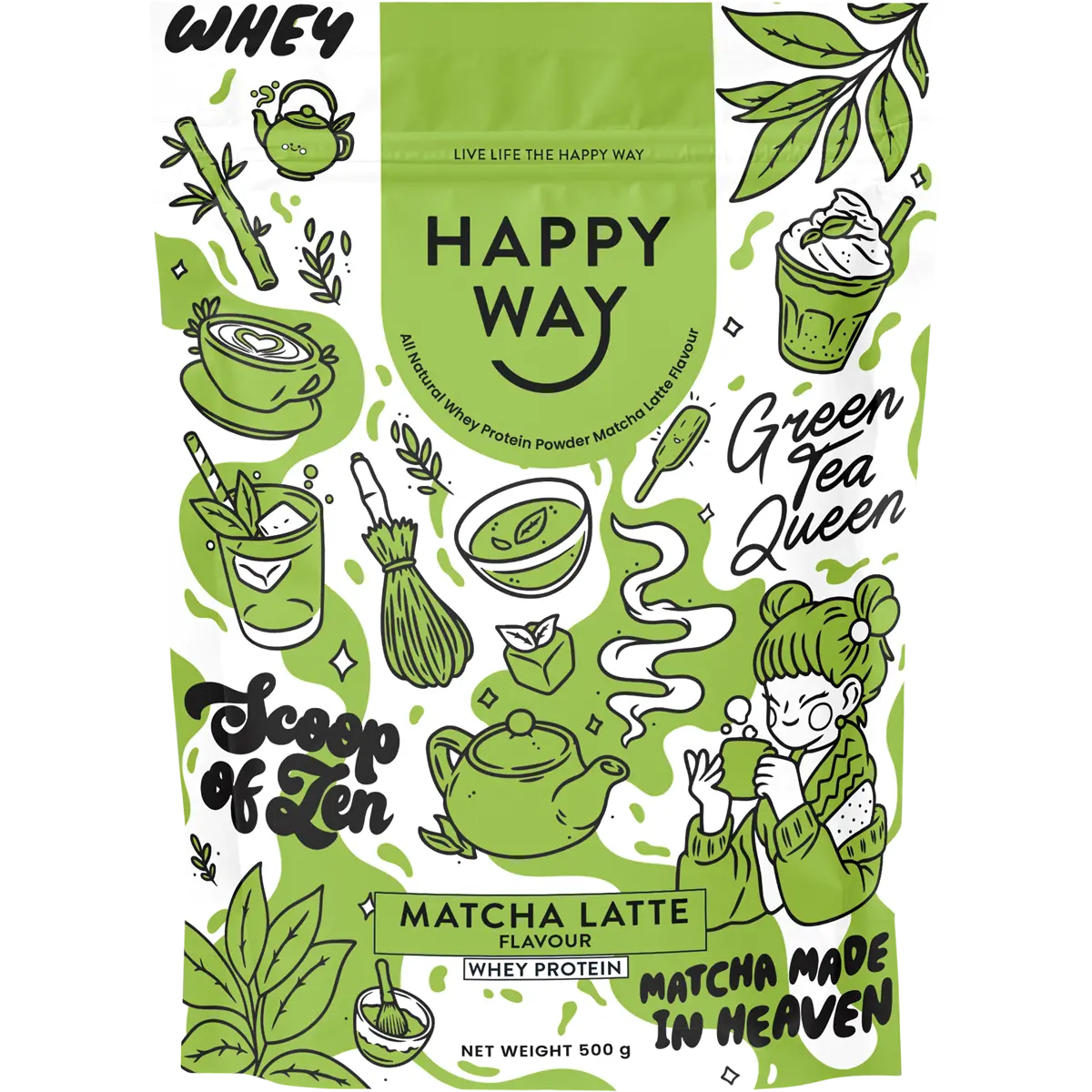 Happy Way Whey Protein Powder Matcha Latte 500g — front pack image (UHP)