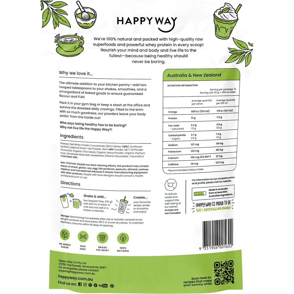 Happy Way Whey Protein Powder Matcha Latte 500g — back pack image (UHP)