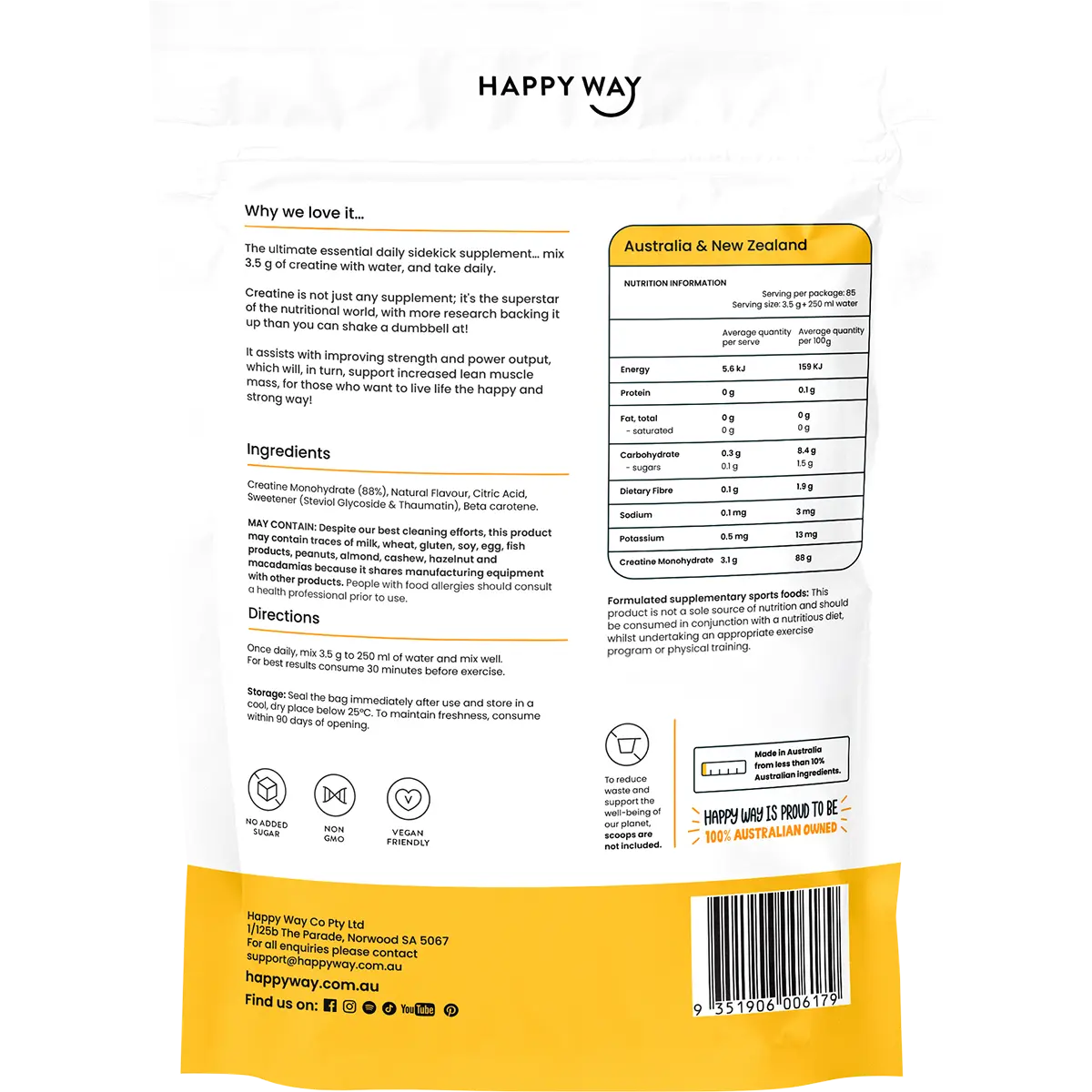 Happy Way Creatine Powder Monohydrate Tropical 300g — back pack image (UHP)