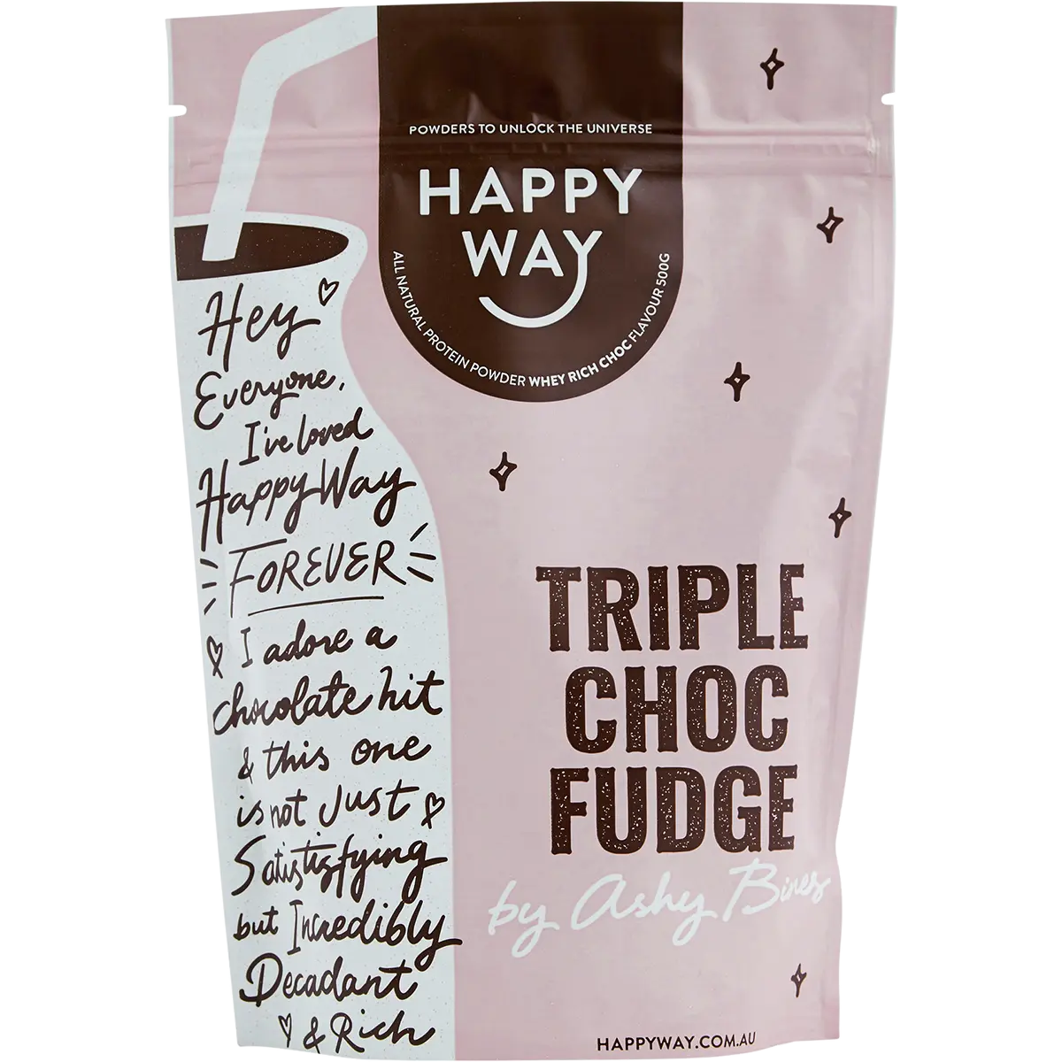 Happy Way Ashy Bines Whey Protein Powder Triple Choc Fudge 500g — front pack image (UHP)