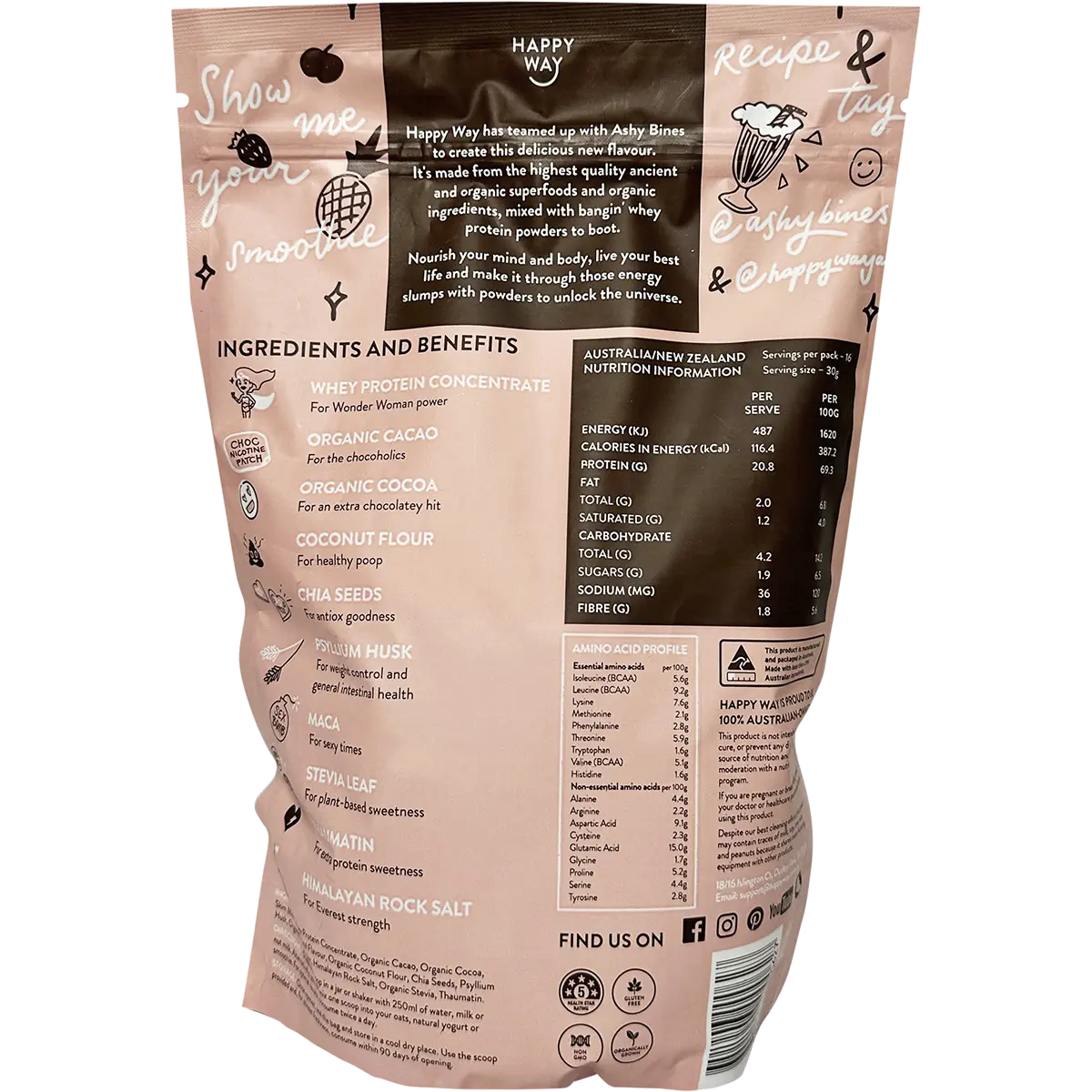 Happy Way Ashy Bines Whey Protein Powder Triple Choc Fudge 500g — back pack image (UHP)
