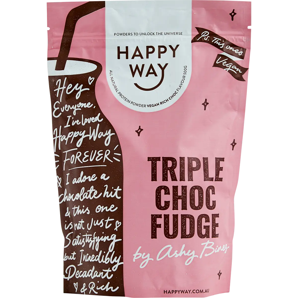 Happy Way Ashy Bines VEGAN Protein Powder Triple Choc Fudge 500g — front pack image (UHP)