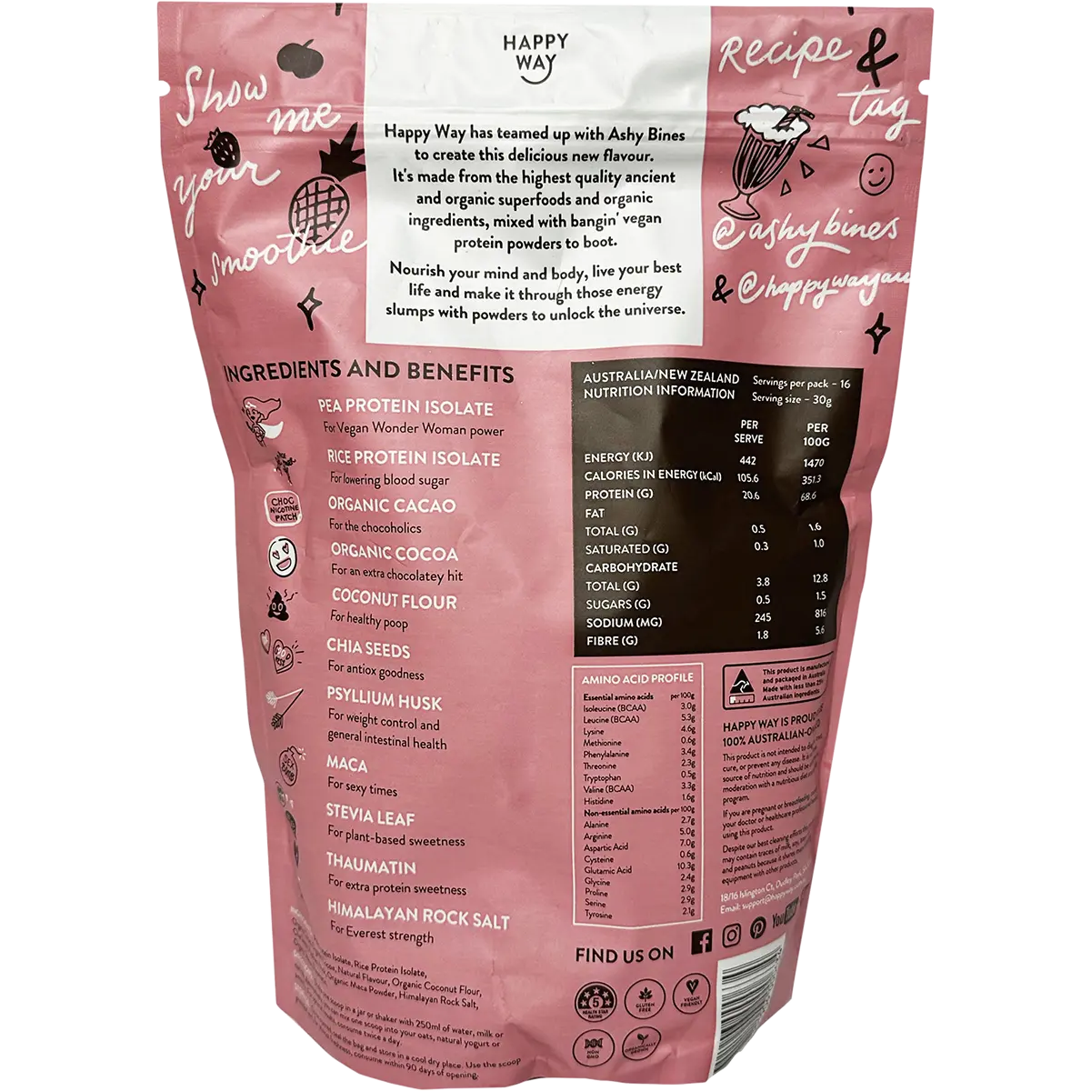 Happy Way Ashy Bines VEGAN Protein Powder Triple Choc Fudge 500g — back pack image (UHP)