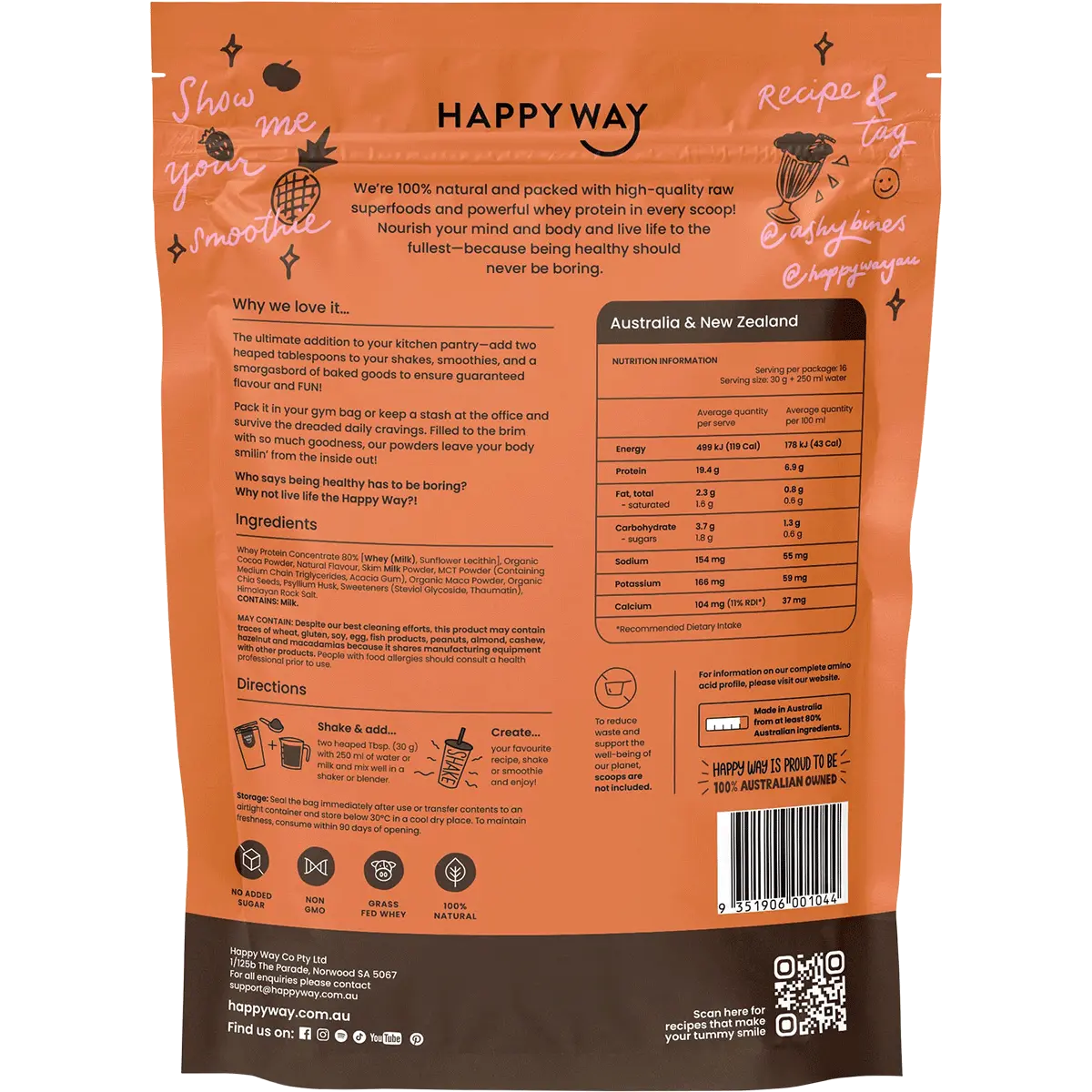 Happy Way Ashy Bines Whey Protein Powder Choc Caramel 500g — back pack image (UHP)