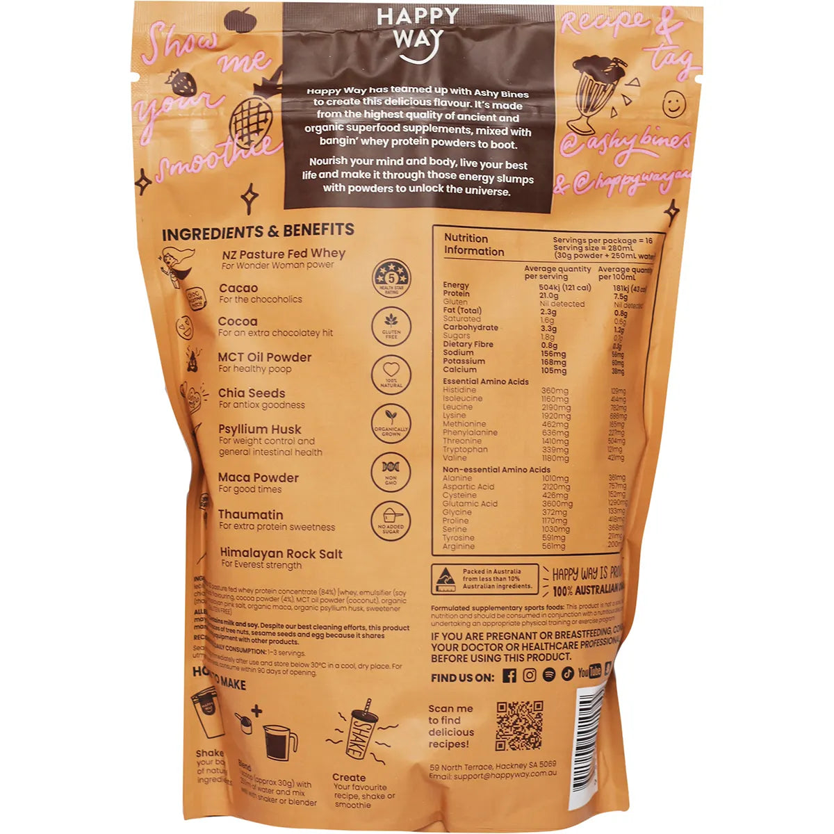 Happy Way Ashy Bines Whey Protein Powder Choc Caramel 500g