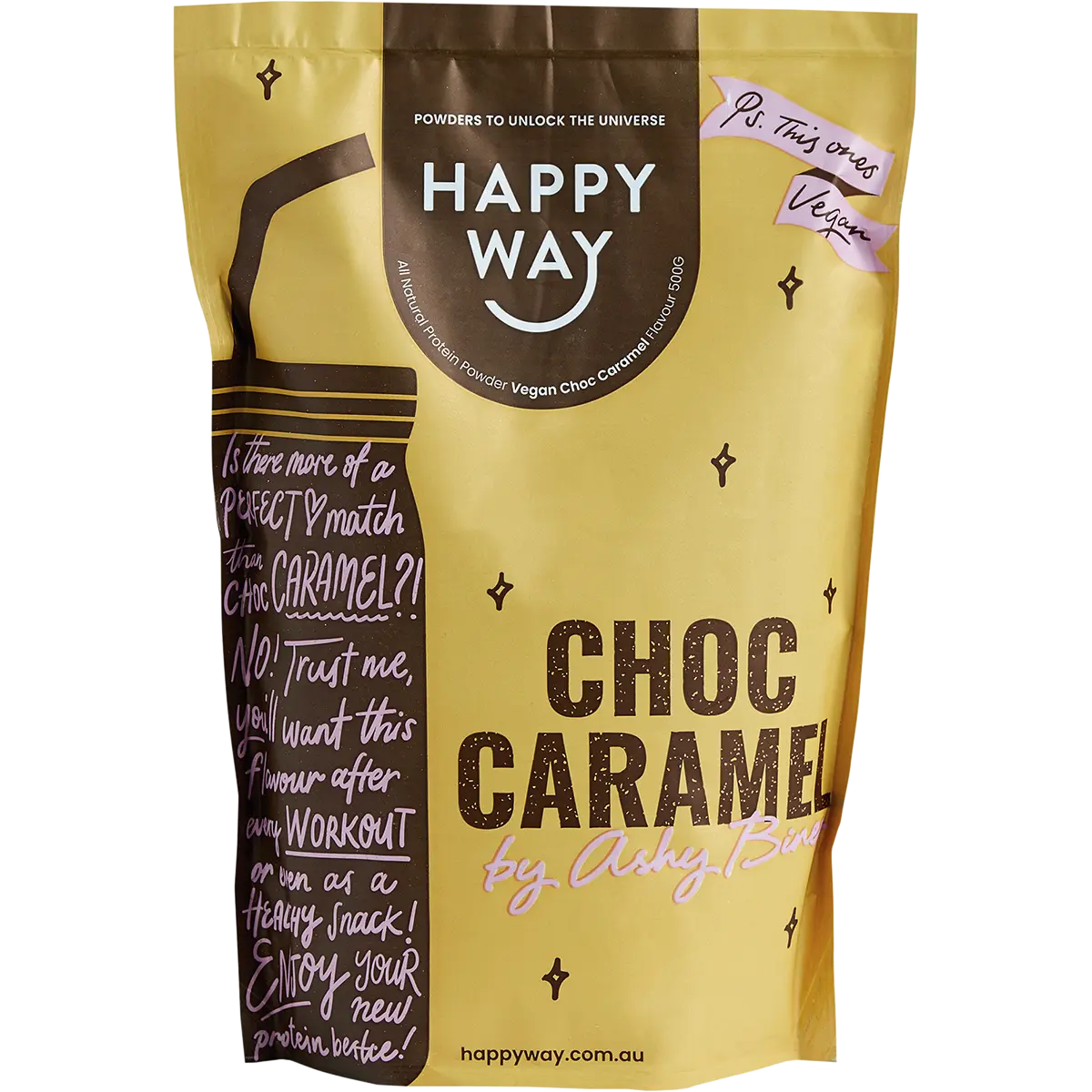Happy Way Ashy Bines VEGAN Protein Powder Choc Caramel 500g — front pack image (UHP)