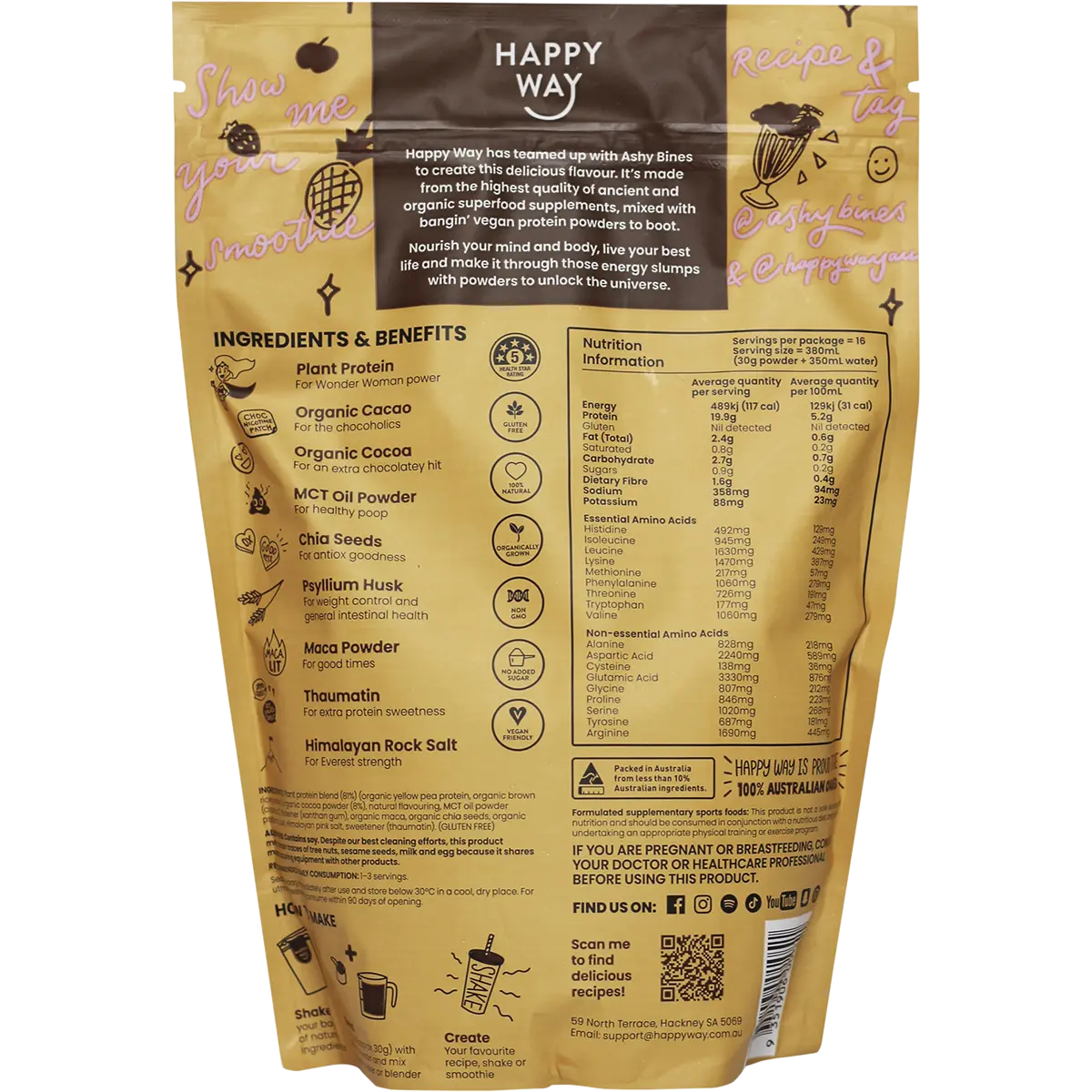 Happy Way Ashy Bines VEGAN Protein Powder Choc Caramel 500g — back pack image (UHP)