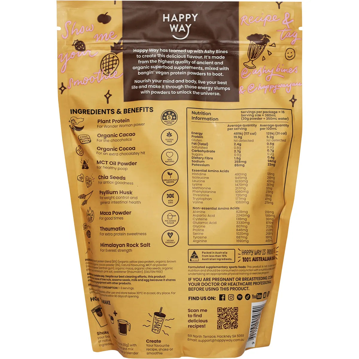 Happy Way Ashy Bines VEGAN Protein Powder Choc Caramel 500g